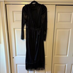 Lulu's Black Long Sleeve Wrap Midi Dress with Fringe